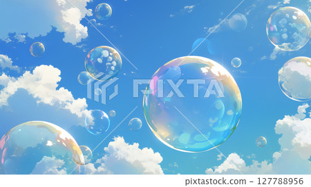 Soap bubbles dancing in the blue sky 127788956