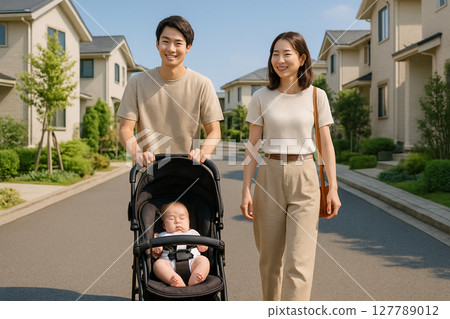 Image of a young family walking through a residential area Image of a young family walking through a residential area 127789012