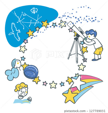 Elementary school students enjoying astronomy connected by a circle frame Stock illustration material by Set Elementary school students enjoying astronomy connected by a circle frame Stock illustration material by Set 127789031