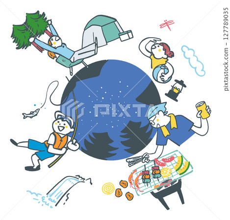 暑假露營和與大自然的互動 — 一套庫存插圖 暑假露營和與大自然的互動 — 一套庫存插圖 127789035