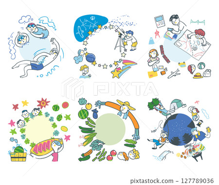 暑假是小學生的一段經驗。讓我們一起玩耍和學習。此系列的庫存插圖集 127789036