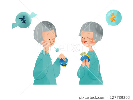 Elderly women's smiling and anxious facial expressions set 127789203