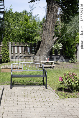 Metal bench in the park on a sunny day Metal bench in the park on a sunny day 127789316