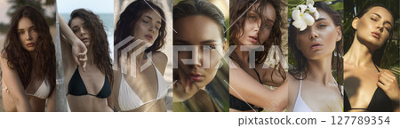 Beauty collage of pretty girls in tropical palm leaves. Beautiful Vacation set 127789354