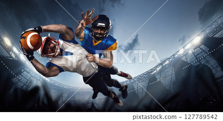 Intense mid-air tackle moment between two players during dramatic football play on 3D field Intense mid-air tackle moment between two players during dramatic football play on 3D field 127789542