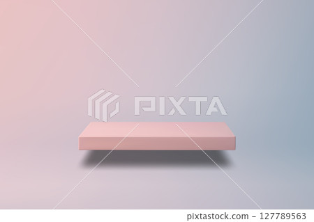 Minimal pink floating shelf with soft gradient background 127789563