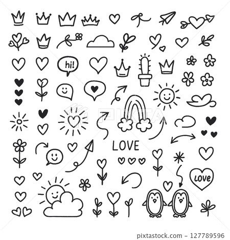 Cute doodles of hearts, flowers, clouds, and playful elements create joyful atmosphere Cute doodles of hearts, flowers, clouds, and playful elements create joyful atmosphere 127789596
