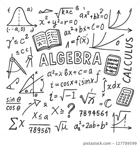 Algebra concepts, equations, and symbols illustrated hand drawn style, conveying sense Algebra concepts, equations, and symbols illustrated hand drawn style, conveying sense 127789599