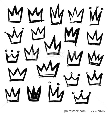 Hand drawn crowns in various styles and sizes create playful and artistic vibe 127789607