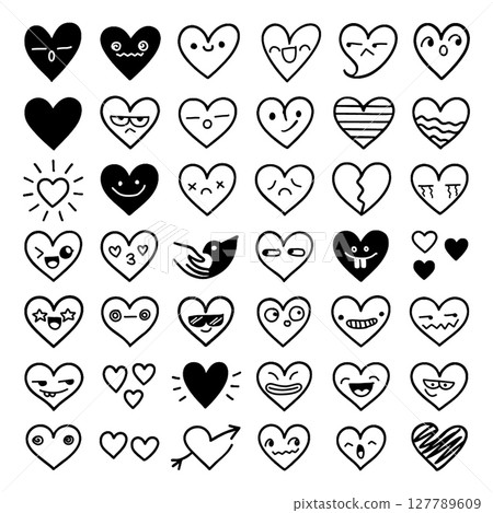 Cute heart illustrations with various facial expressions and designs evoke playful and whimsical Cute heart illustrations with various facial expressions and designs evoke playful and whimsical 127789609