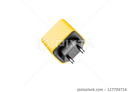 adapter for charger with USB and Type C connector, yellow, on isolated or white background adapter for charger with USB and Type C connector, yellow, on isolated or white background 127789716