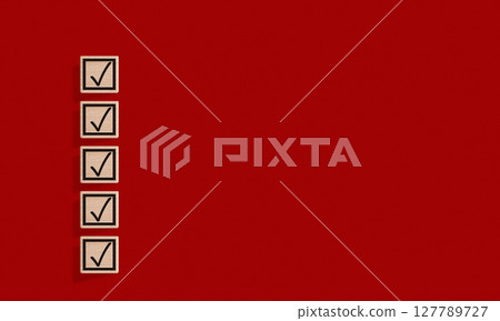 Wooden Blocks with Checkmarks on Red Background for Organization Goals 127789727