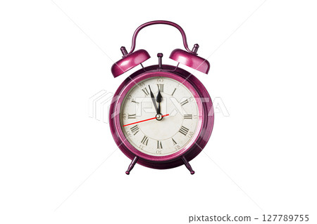 retro clock, pointer clock, pink color alarm clock on isolated white background retro clock, pointer clock, pink color alarm clock on isolated white background 127789755