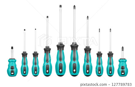 Set of Philips and flathead screwdrivers blue color on isolated white background 127789783