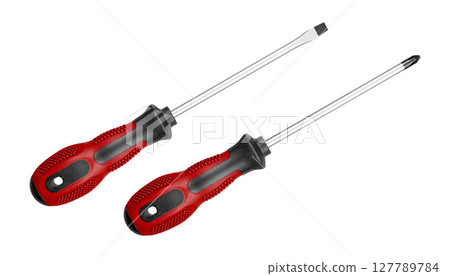 Two Screwdrivers Flat and Phillips for Repair and Maintenance Red color on isolated background 127789784