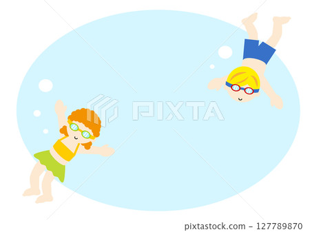 Illustration of Caucasian kids playing underwater 127789870