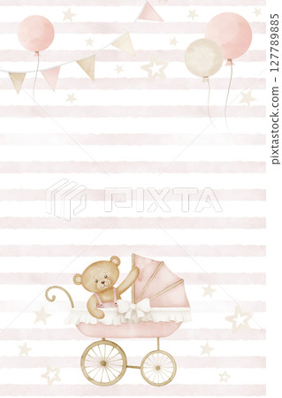 Watercolor illustration of Template of Card with Teddy bear in a Pram with garland. Drawing of border with cute animal in stroller for Baby shower greeting cards or newborn party invitations. 127789885