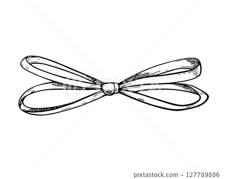 Vector outline illustration of Bow in sketch vintage style for wedding greeting cards, stationery, or baby party invitations. Linear drawing of Ribbon painted by black inks. Etching for party design. Vector outline illustration of Bow in sketch vintage style for wedding greeting cards, stationery, or baby party invitations. Linear drawing of Ribbon painted by black inks. Etching for party design. 127789886
