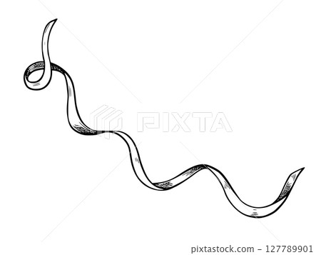 Vector illustration of loose curled Ribbon in monochrome engraving style. Linear drawing for baby greeting cards or wedding invitations. Etching for stationary painted by black inks. 127789901