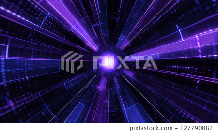 Futuristic purple tunnel made of glowing tech lines in perspective. Perfect for sci-fi, digital themes, data flow, or AI concepts. High detail with immersive depth and motion sense. 127790082