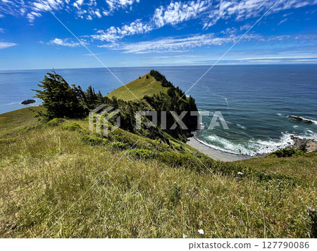 Wide-Angle View of Ocean Coastline and River from Hilltop Wide-Angle View of Ocean Coastline and River from Hilltop 127790086