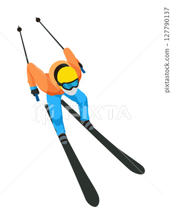 Skier, icon. Sportsman doing sport activity. People riding skis. Cartoon winter sport character, travel activity. Concept of vacation. Vector illustration isolated on white background Skier, icon. Sportsman doing sport activity. People riding skis. Cartoon winter sport character, travel activity. Concept of vacation. Vector illustration isolated on white background 127790137