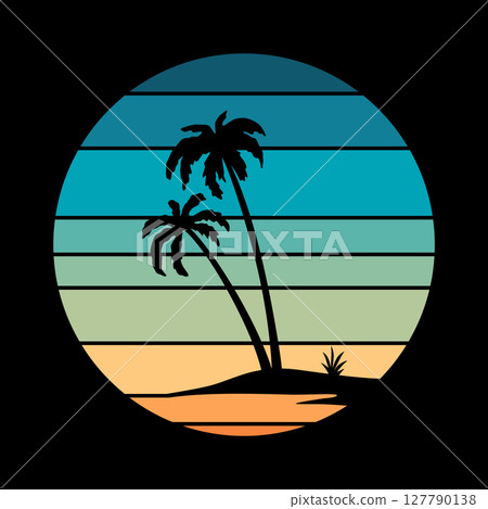Retro sunset logo in striped style. Circle colored vintage pictures for badges. Tourism or traveling concept, adventure logotype. Cartoon vector illustration Retro sunset logo in striped style. Circle colored vintage pictures for badges. Tourism or traveling concept, adventure logotype. Cartoon vector illustration 127790138