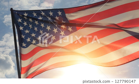close up American flag waving in the wind against sunset. outdoor background for 4th of July, Memorial Day, Independence Day, Veterans Day, Celebrate USA, American President Election close up American flag waving in the wind against sunset. outdoor background for 4th of July, Memorial Day, Independence Day, Veterans Day, Celebrate USA, American President Election 127790147