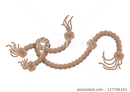 Hanging rope with tassel and node. Knitted nautical thread or marine vertical fiber. Textile tassel hang at rope isolated on white background. Vector illustration Hanging rope with tassel and node. Knitted nautical thread or marine vertical fiber. Textile tassel hang at rope isolated on white background. Vector illustration 127790163
