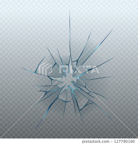Realistic glass crack isolated on transparent background. Vector illustration of broken window, monitor display, gadget screen, car windshield, gunshot effect. Accident design element 127790180