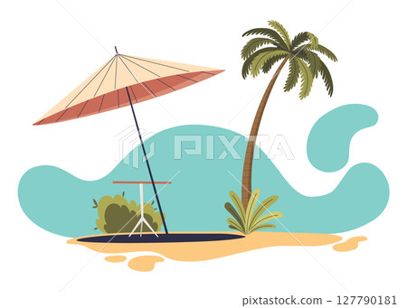 A picturesque tropical beach scene complete with a colorful parasol and graceful palm tree 127790181