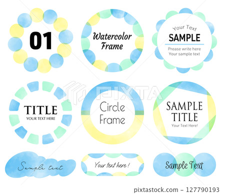 時尚水彩圓框套裝（藍色，夏季圖像） 127790193