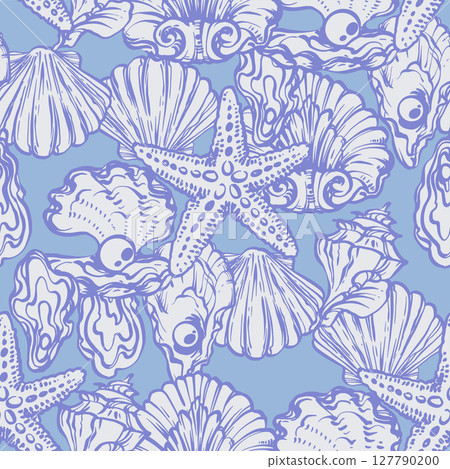 Coastal Seamless pattern with Seashells, Underwater creatures and starfish on Blue Background. La dolce vita themed inspired by Summer Italian aesthetic. Vintage Marine, feminine, coquette design Coastal Seamless pattern with Seashells, Underwater creatures and starfish on Blue Background. La dolce vita themed inspired by Summer Italian aesthetic. Vintage Marine, feminine, coquette design 127790200