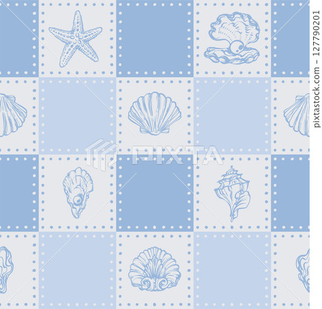 Coastal Seamless pattern with Seashells, Underwater creatures and starfish on Blue Checkered Background. La dolce vita themed inspired by Summer Italian aesthetic. Vintage Marine, coquette design Coastal Seamless pattern with Seashells, Underwater creatures and starfish on Blue Checkered Background. La dolce vita themed inspired by Summer Italian aesthetic. Vintage Marine, coquette design 127790201