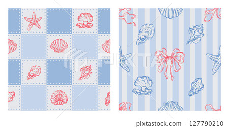 Coastal Seamless Pattern Set with Red Seashells, Underwater creatures, Starfish, Ribbon Bows on blue striped, Checkered Backgrounds. La dolce vita themed inspired by Vintage Summer Italian aesthetic. Coastal Seamless Pattern Set with Red Seashells, Underwater creatures, Starfish, Ribbon Bows on blue striped, Checkered Backgrounds. La dolce vita themed inspired by Vintage Summer Italian aesthetic. 127790210