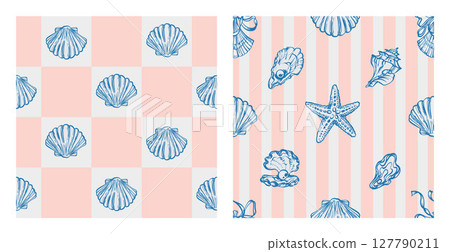 Coastal Seamless Pattern Set with Blue Seashells, Underwater creatures, Starfish on yellow striped and Checkered Backgrounds. La dolce vita themed inspired by Vintage Summer Italian aesthetic. Coastal Seamless Pattern Set with Blue Seashells, Underwater creatures, Starfish on yellow striped and Checkered Backgrounds. La dolce vita themed inspired by Vintage Summer Italian aesthetic. 127790211