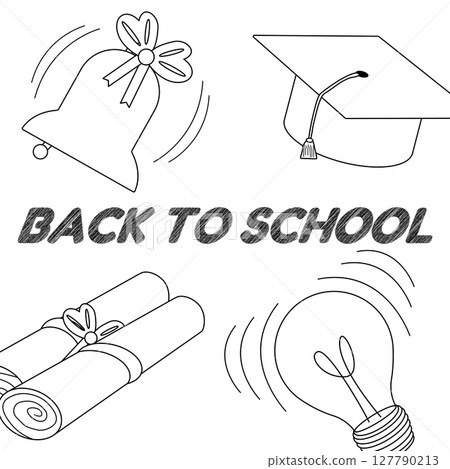 Coloring page with drawing of concept poster with back to school scene of bell, graduation cap, diploma scrolls, and light bulb. For entertaining kids activity, back to school black and white design. Coloring page with drawing of concept poster with back to school scene of bell, graduation cap, diploma scrolls, and light bulb. For entertaining kids activity, back to school black and white design. 127790213