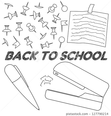 Coloring page with drawing of concept poster with back to school scene of stapler, ballpoint pen, push pins, and paper note. For entertaining kids activity, back to school black and white design. Coloring page with drawing of concept poster with back to school scene of stapler, ballpoint pen, push pins, and paper note. For entertaining kids activity, back to school black and white design. 127790214
