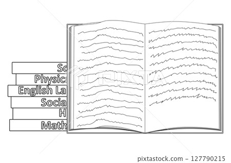 Coloring page of open notebook with handwritten text and stacked school textbooks with inscriptions for lessons on school subjects. Entertaining kids activity, back to school black and white design. Coloring page of open notebook with handwritten text and stacked school textbooks with inscriptions for lessons on school subjects. Entertaining kids activity, back to school black and white design. 127790215