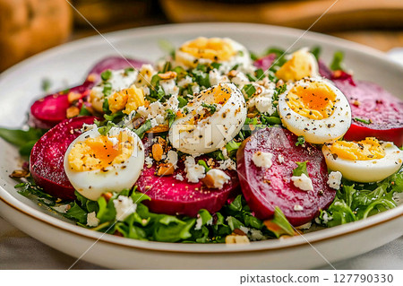 Fresh salad featuring arugula, sliced beetroot, boiled eggs, and various spices 127790330