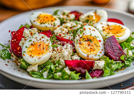 Fresh salad featuring arugula, sliced beetroot, boiled eggs, and various spices 127790331