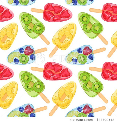 Seamless pattern of tropical ice pop on wooden stick with blueberry, pineapple, kiwi and strawberry slice on white background in cartoon style for delivery cafe packaging and kitchen wallpaper. 127790358