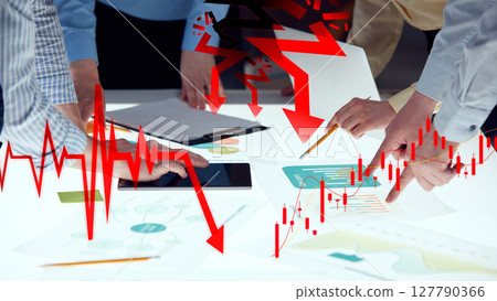 Sharp financial downturn with red broken arrows and business charts. Financial collapse Sharp financial downturn with red broken arrows and business charts. Financial collapse 127790366