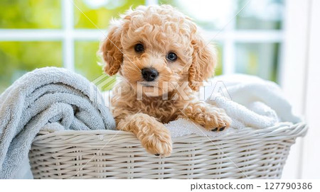 Adorable puppy relaxing in a laundry basket 127790386