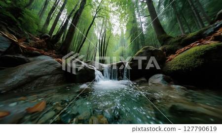 Serene forest waterfall flowing over mossy rocks Serene forest waterfall flowing over mossy rocks 127790619