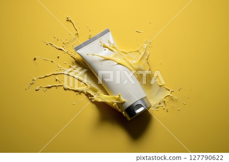 A white tube for cream on a background of yellow splashes. A white tube for cream on a background of yellow splashes. 127790622