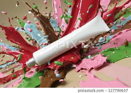 A white tube for cream on a background of colored splashes. A white tube for cream on a background of colored splashes. 127790637