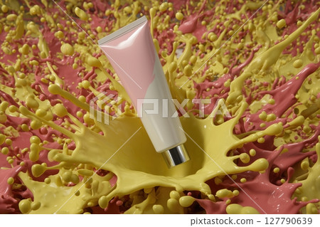 A white tube for cream on a background of colored splashes. 127790639
