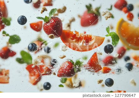 Fruits floating in the air. white background Fruits floating in the air. white background 127790647