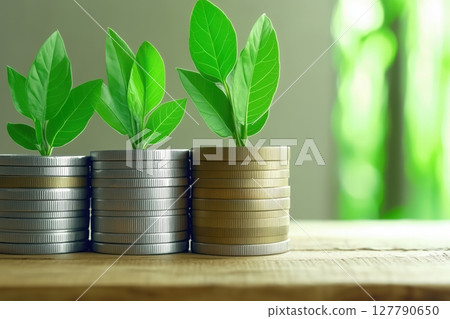 Stack of silver coins with green plants sprouting from them, glowing eco-friendly light 127790650